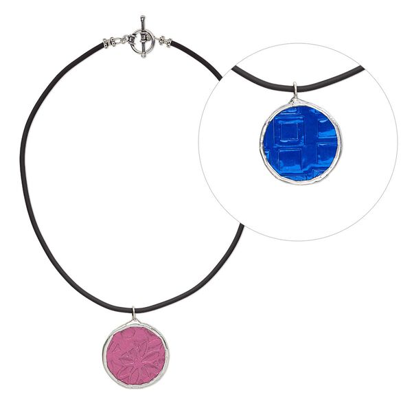 Necklace, One of a Kind Jewelry, rubber / glass / foil, pink and blue, 18 inches with toggle clasp. Only one available. image number 0