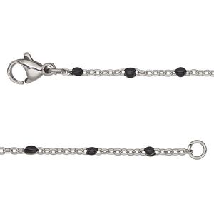 Chain, stainless steel and enamel, black, 1.7mm flat cable with 2mm ball, 20 inches with lobster claw clasp. Sold individually.