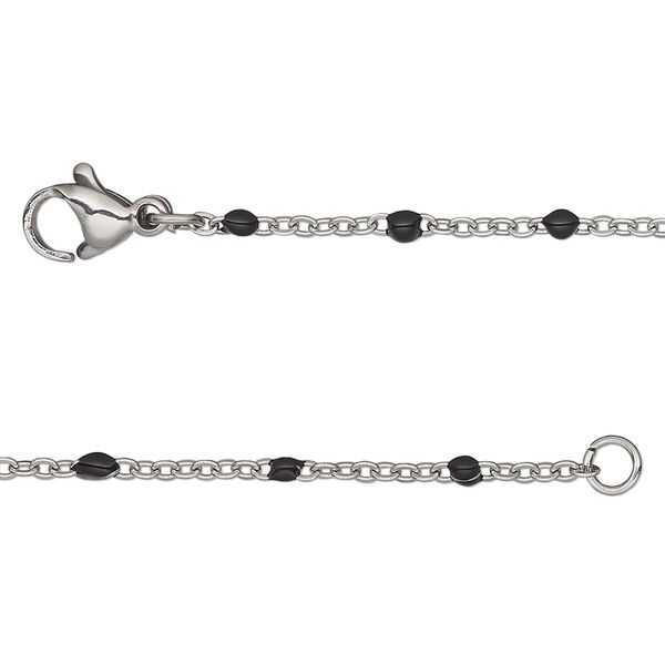 Chain, stainless steel and enamel, black, 1.7mm flat cable with 2mm ball, 20 inches with lobster claw clasp. Sold individually. image number 0
