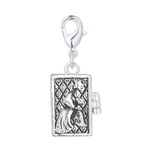 Drop, antique silver-finished "pewter" (zinc-based alloy), 18x12mm rectangle prayer box with angel and star design with magnetic closure and lobster claw clasp. Sold individually.