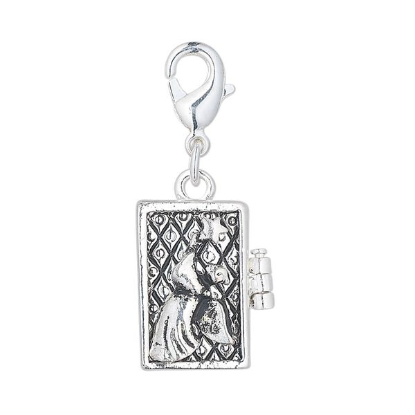Drop, antique silver-finished "pewter" (zinc-based alloy), 18x12mm rectangle prayer box with angel and star design with magnetic closure and lobster claw clasp. Sold individually. image number 0