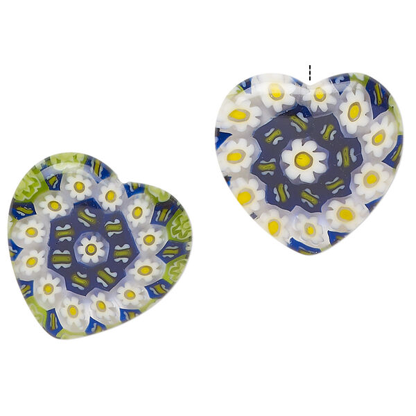 Bead, millefiori glass, translucent mixed colors, 19mm half-drilled puffed heart with flower and butterfly design, 0.6-0.8mm hole. Sold per pkg of 2. image number 0