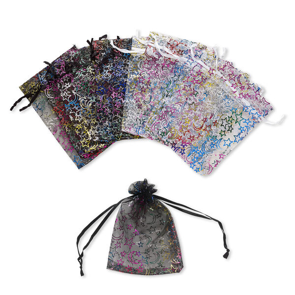 Pouch, organza, black / white / multicolored, 5-1/2 x 4 inches with moon and star pattern with drawstring. Sold per pkg of 12. image number 0