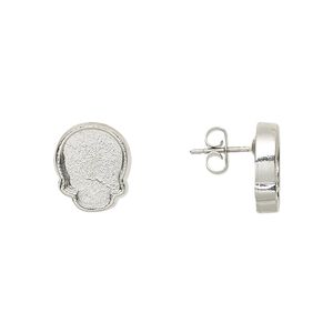 Earstud 1pkg2 Almost Instant Jewelry® imitation rhodium-plated "pewter" (zinc-based alloy), 12x10mm skull / 10x7.5mm flat back skull glue-in setting / earnuts, stainless steel 1 pair
