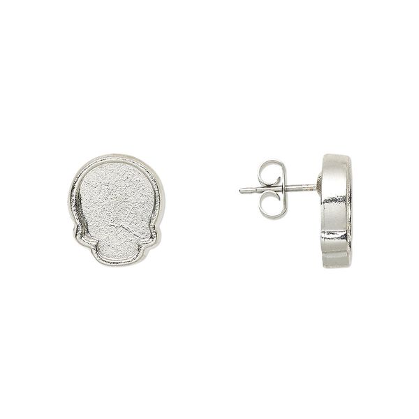 Earstud 1pkg2 Almost Instant Jewelry® imitation rhodium-plated "pewter" (zinc-based alloy), 12x10mm skull / 10x7.5mm flat back skull glue-in setting / earnuts, stainless steel 1 pair image number 0