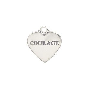 Charm, antiqued sterling silver, 17x15mm double-sided heart with "COURAGE." Sold individually.
