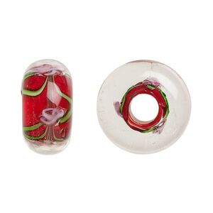 Bead, lampworked glass, opaque red and multicolored, 20x10mm rondelle with rose. Sold per pkg of 2.
