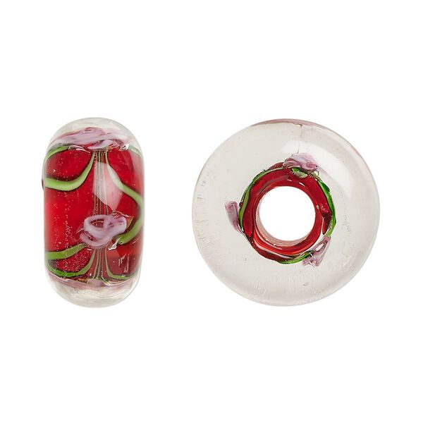 Bead, lampworked glass, opaque red and multicolored, 20x10mm rondelle with rose. Sold per pkg of 2. image number 0