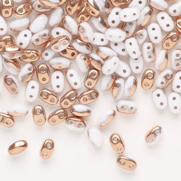 Seed bead, Preciosa Twin™ Pressed Twin Czech glass, pkg/200, 5x2.5mm oval, opaque iris white and copper, (15290). image number 0