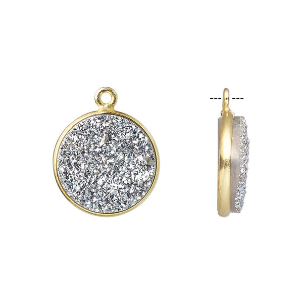 Drop, titanium- / electro-coated druzy agate (coated) / gold-finished sterling silver, antique silver, 15mm hand-cut single-sided flat round. Sold individually. image number 0