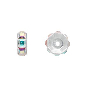Bead 4pk crystal AB silver plate, Crystal Passions® 12x5mm rondelle 77812