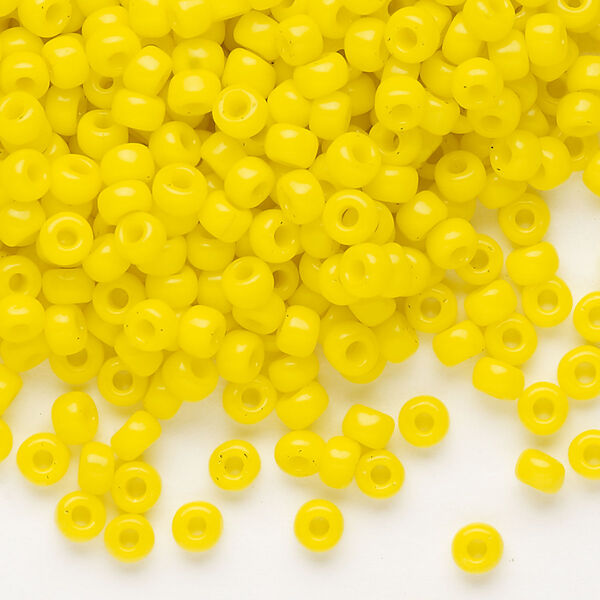 Seed bead, Dyna-Mites™, glass, opaque yellow, #6 round. Sold per 40-gram pkg. image number 0