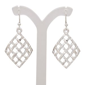Earring, imitation rhodium-plated brass and "pewter" (zinc-based alloy), 44mm with scratched woven diamond and fishhook ear wire. Sold per pair.