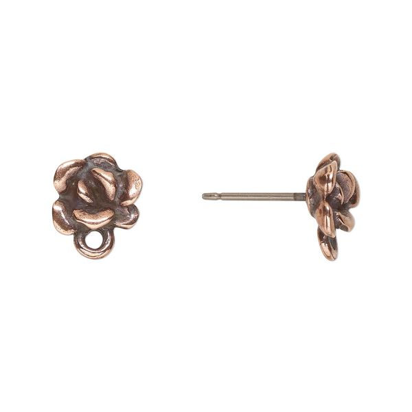 Earstud 1pkg10 TierraCast® antique copper-plated pewter (tin-based alloy) / titanium, 8x7.5mm succulent / closed loop / 3D / renewal theme, 5 pair image number 0