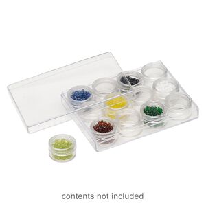 Organizer, plastic, clear, 5 x 3-3/4 x 7/8 inch rectangle, (12) 1-1/8 x 5/8 inch round vials with twist-off lids. Sold individually.