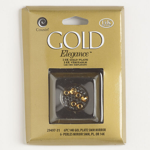 Bead 1pkg6, 5mm mirror faceted round, gold-plated copper image number 0