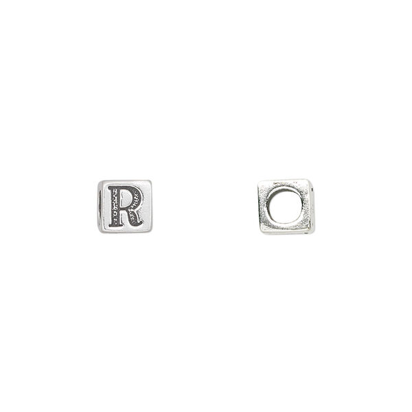 Bead, sterling silver, 5.5mm cube with alphabet letter "R." Sold individually. image number 0