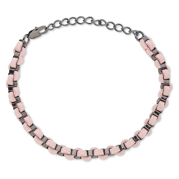 Bracelet, imitation leather with gunmetal-finished brass and steel, pink, 6mm wide, 6-1/2 inches with 2-inch extender chain and lobster claw clasp. Sold individually. image number 0