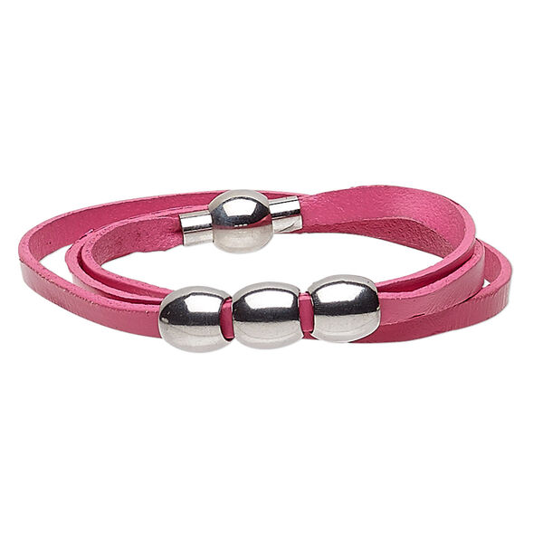 Bracelet, 3-strand wrap, leather (dyed) and stainless steel, pink, 10mm wide with 10mm barrel, 6 inches with magnetic clasp. Sold individually. image number 0