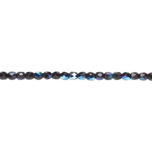 Bead, Czech fire-polished glass, opaque jet AB, 2.4-2.6mm faceted round. Sold per 8-inch strand, approximately 80 beads.