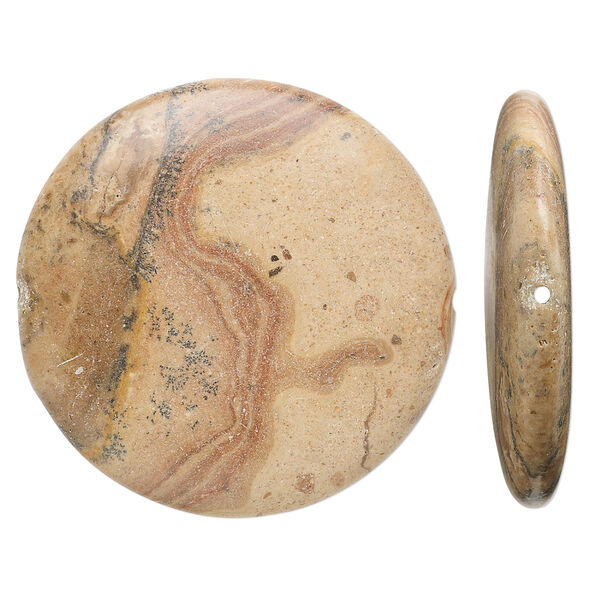 Bead, yellow leopardskin jasper (natural), 40mm flat round, B grade, Mohs hardness 6-1/2 to 7. Sold per pkg of 2. image number 0