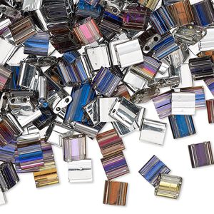 Seed bead, TILA®, glass, pkg/250g, 5mm full tila square, opaque heliotrope crystal clear (TL-4554).