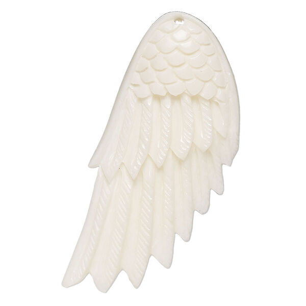 Focal, bone (bleached), 48x22mm hand-cut single-sided carved angel wing, Mohs hardness 2-1/2. Sold individually. image number 0