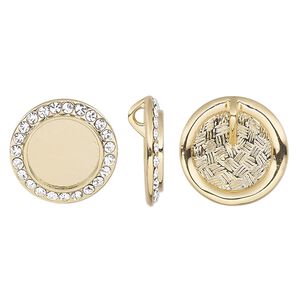 Pendant, crystals and gold-finished "pewter" (zinc-based alloy), crystal clear, 18mm round with 12mm round setting and hidden bail. Sold individually.