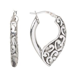 Earring, antiqued sterling silver, electroformed, 32mm teardrop hoop with swirls design and latch-back closure. Sold per pair.