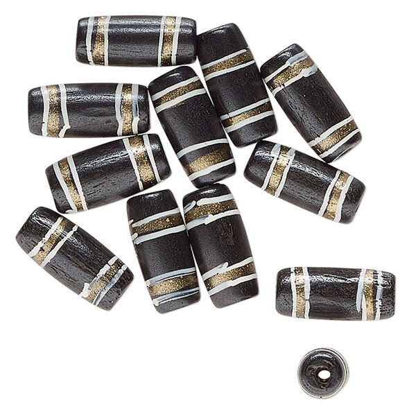Bead, bone (dyed), black / white / gold, 18.5mmx8-19.5x9mm hand-painted tube with line design. Sold per pkg of 12. image number 0