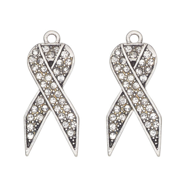 Charm, antique silver-finished "pewter" (zinc-based alloy) and glass, clear, 27x13mm single-sided awareness ribbon. Sold per pkg of 2. image number 0