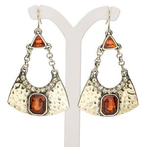 Earring, glass rhinestone / resin / gold-finished brass / steel / "pewter" (zinc-based alloy), brown and light topaz brown, 2-1/4 inches with triangle and fishhook ear wire. Sold per pair.