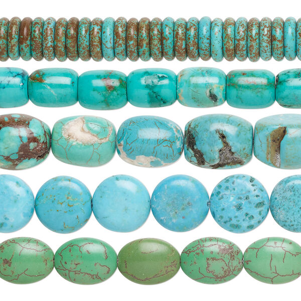 Bead mix, magnesite (dyed / stabilized), blue / green / blue-green, 6x3mm-20x14mm mixed shapes with 0.5-1.5mm hole, D grade, Mohs hardness 3-1/2 to 4. Sold per pkg of (5) 15-inch strands. image number 0