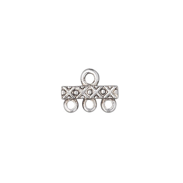 End bar, antique silver-plated "pewter" (zinc-based alloy), 14x3mm single-sided rectangle with "X" and dots, 3 loops. Sold per pkg of 20. image number 0
