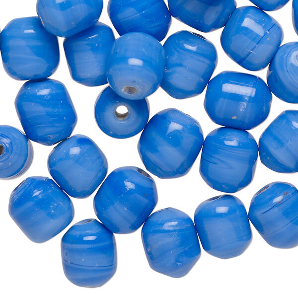 Bead, lampworked glass, opaque light blue, 10x8mm-11x9mm barrel with swirl design. Sold per 2-ounce pkg, approximately 65 beads. image number 0