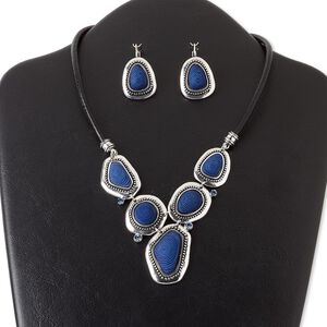Necklace and earring set, leather (dyed) / glass rhinestone / resin / silver-coated plastic / antique silver-finished brass / "pewter" (zinc-based alloy), dark blue, freeform, 16 inches with 3-inch extender chain and lobster claw clasp, 1-1/2 inch earring with leverback ear wire. Sold per set.