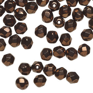 Bead, Czech fire-polished glass 1pkg1200, opaque bronze, 6mm faceted round.