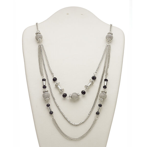 Necklace, 3-strand, acrylic / silver-coated plastic / silver-plated steel, black and grey, 26 inches with 2-inch extender chain and lobster claw clasp. Sold individually. image number 0