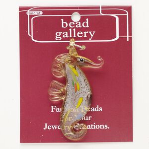 Focal, lampworked glass, pkg/1, opaque and transparent multicolored with silver-colored foil, 53x31mm-62x37mm seahorse with top loop.