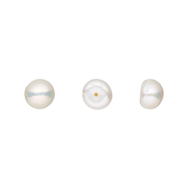 Pearl, White Lotus™, cultured freshwater (bleached), white, 6.5-7mm half-drilled button, B grade, Mohs hardness 2-1/2 to 4. Sold per pair. image number 0
