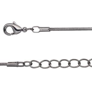 Chain, gunmetal-plated brass, 1mm snake, 7-1/2 inches with 1-1/4 inch extender chain and lobster claw clasp. Sold per pkg of 6.