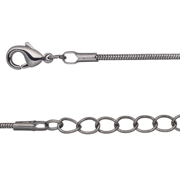 Chain, gunmetal-plated brass, 1mm snake, 7-1/2 inches with 1-1/4 inch extender chain and lobster claw clasp. Sold per pkg of 6. image number 0