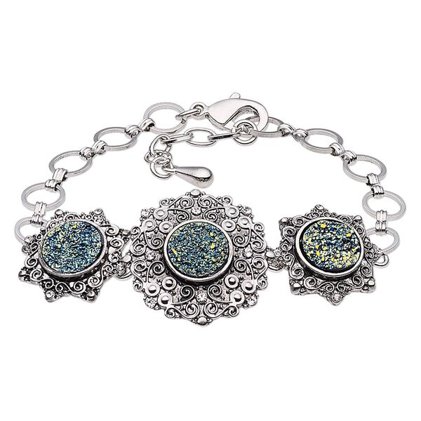 Bracelet, druzy (imitation) / glass rhinestone / antique silver-plated brass / steel / "pewter" (zinc-based alloy), green and clear, 27mm wide with round, 7 inches with 1-inch extender chain and lobster claw clasp. Sold individually. image number 0