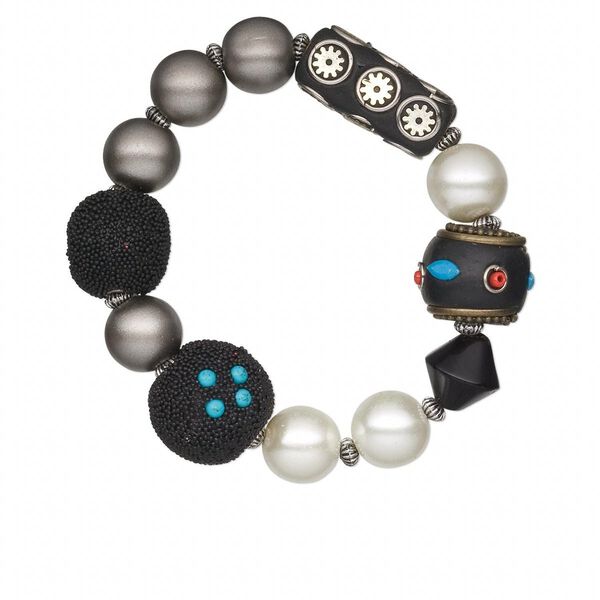 Bracelet, stretch, glass / polymer clay / silver-finished acrylic, multicolored, 6 inches. Sold individually. image number 0