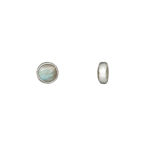 Bead 1pkg1, labradorite (natural) and sterling silver, 6.55mm , side-drilled double-sided faceted flat round. image number 0