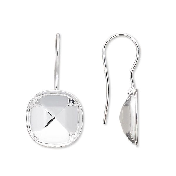 Ear wire, Almost Instant Jewelry®, silver-plated brass, 28x14mm fishhook with 12mm cushion glue-in setting, 20 gauge. Sold per pkg of 2 pairs. image number 0