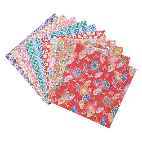 Origami paper, Washi, multicolored, 6x6-inch square, 10 total patterns. Sold per pkg of 100 sheets. image number 0