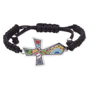 Bracelet, enamel / waxed cotton cord / stainless steel, multicolored, 46x31mm cross, adjustable from 7-9 inches with macramé knot closure. Sold individually.