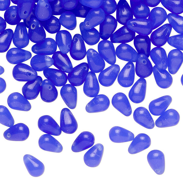 Bead, Czech pressed glass, translucent matte cobalt blue, 6x4mm top-drilled teardrop. Sold per 1-ounce pkg, approximately 235 beads. image number 0