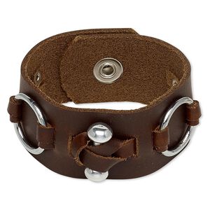 Bracelet, leather (dyed) / silver-plated steel / silver-coated plastic, dark brown, 32mm wide, 6 inches with snap closure. Sold individually.
